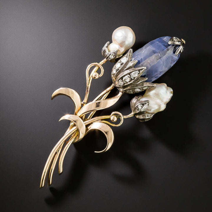Victorian/Retro No-Heat Sapphire and Natural Pearl Flower Brooch - GIA