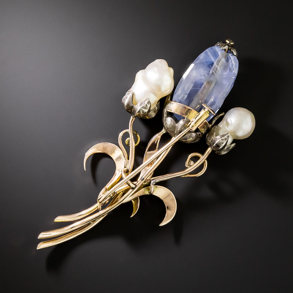Victorian/Retro No-Heat Sapphire and Natural Pearl Flower Brooch - GIA - 4