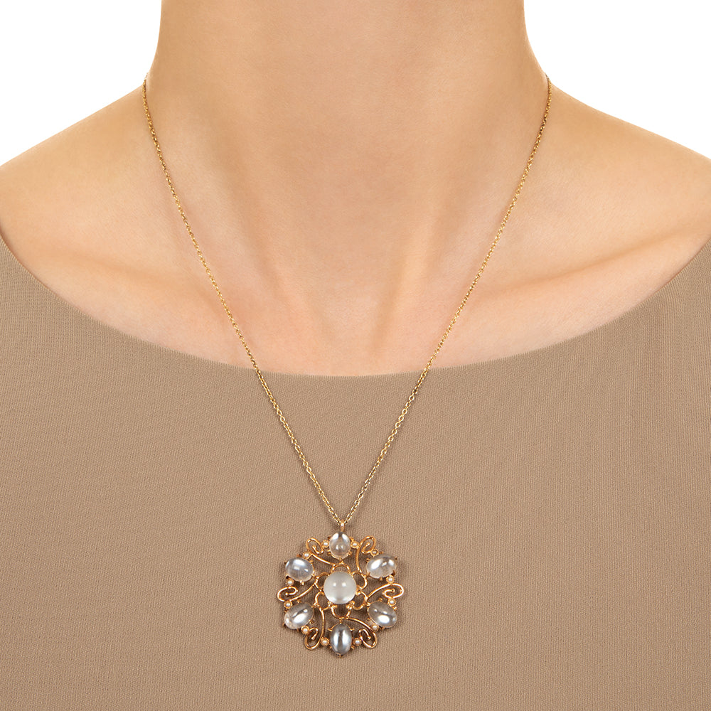 Victorian Retrospective Moonstone and Pearl Flower Pendant - 3