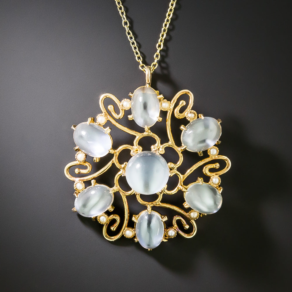 Victorian Retrospective Moonstone and Pearl Flower Pendant - 2