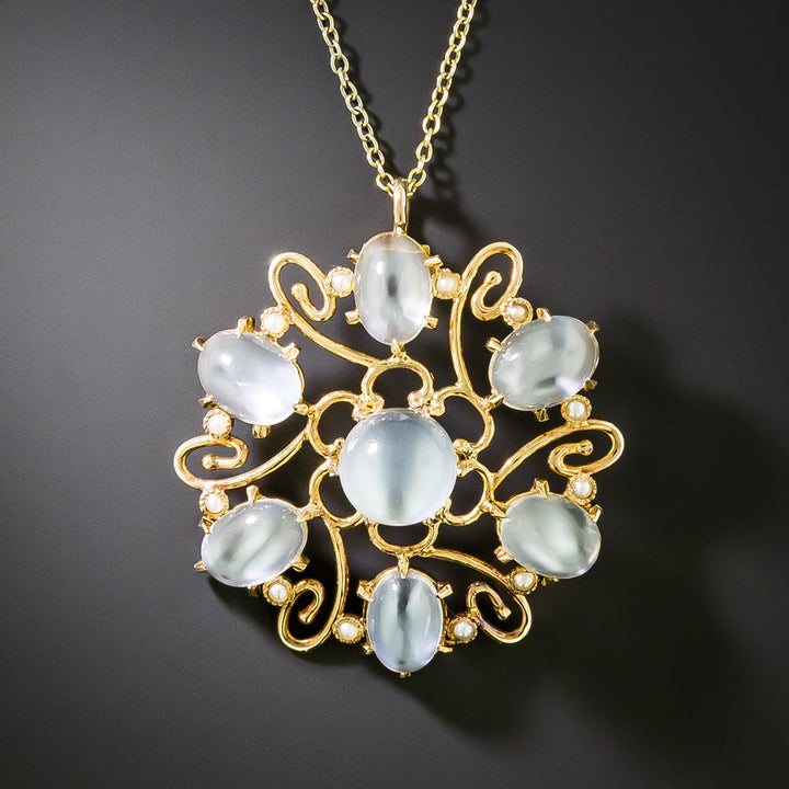 Victorian Retrospective Moonstone and Pearl Flower Pendant