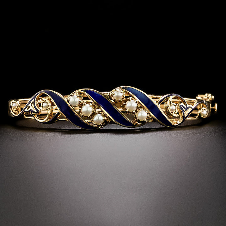 Victorian Revival Blue Enamel and Pearl Bangle Bracelet