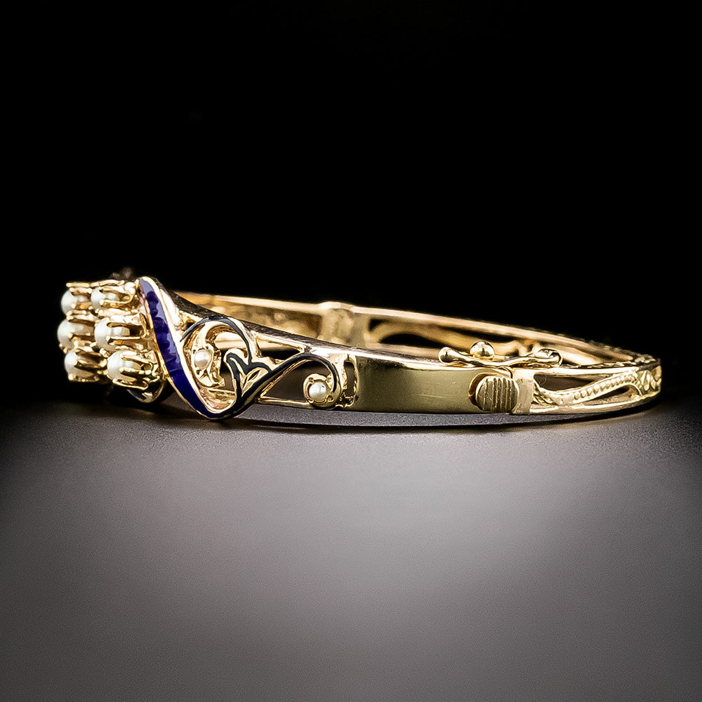Victorian Revival Blue Enamel and Pearl Bangle Bracelet - 3