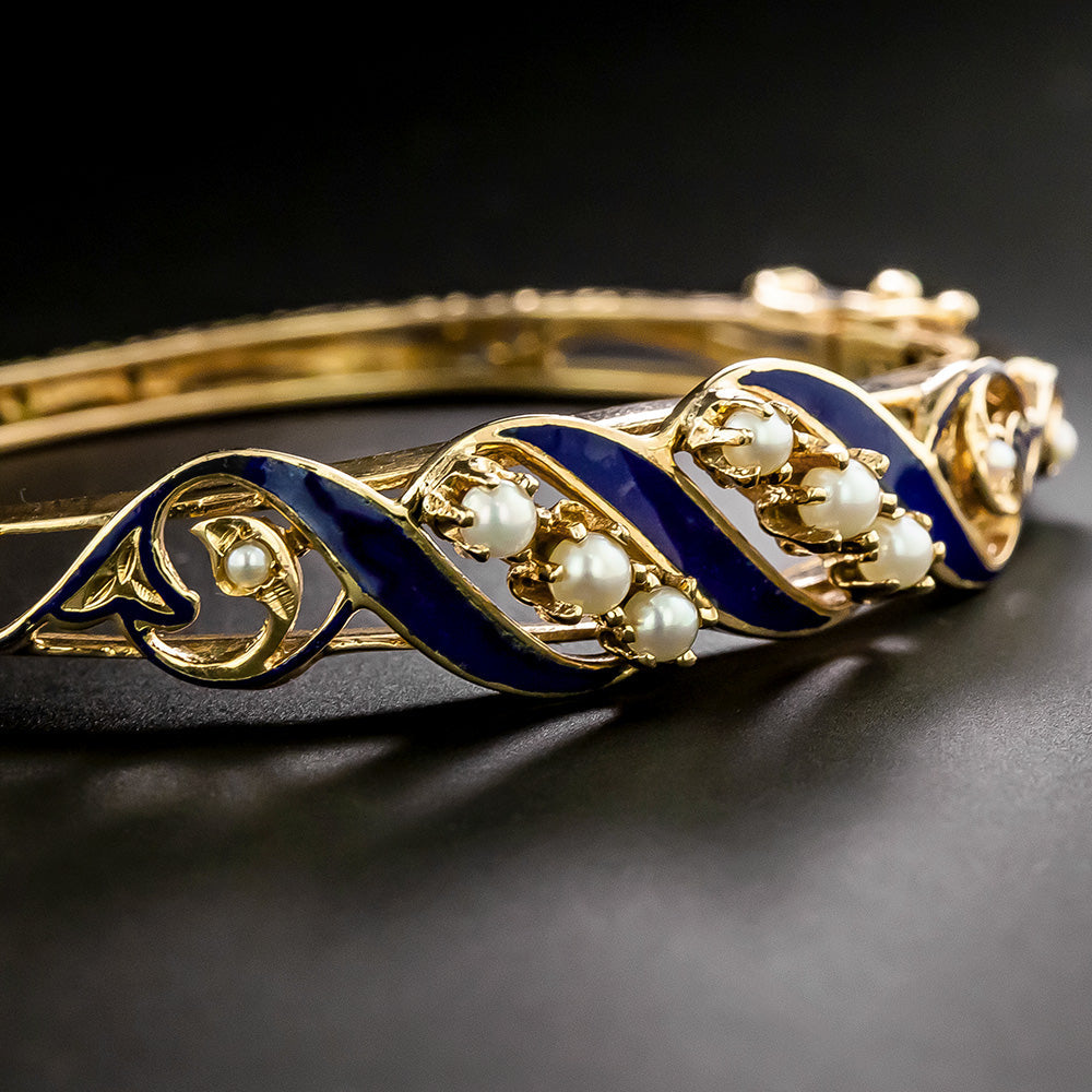 Victorian Revival Blue Enamel and Pearl Bangle Bracelet - 4