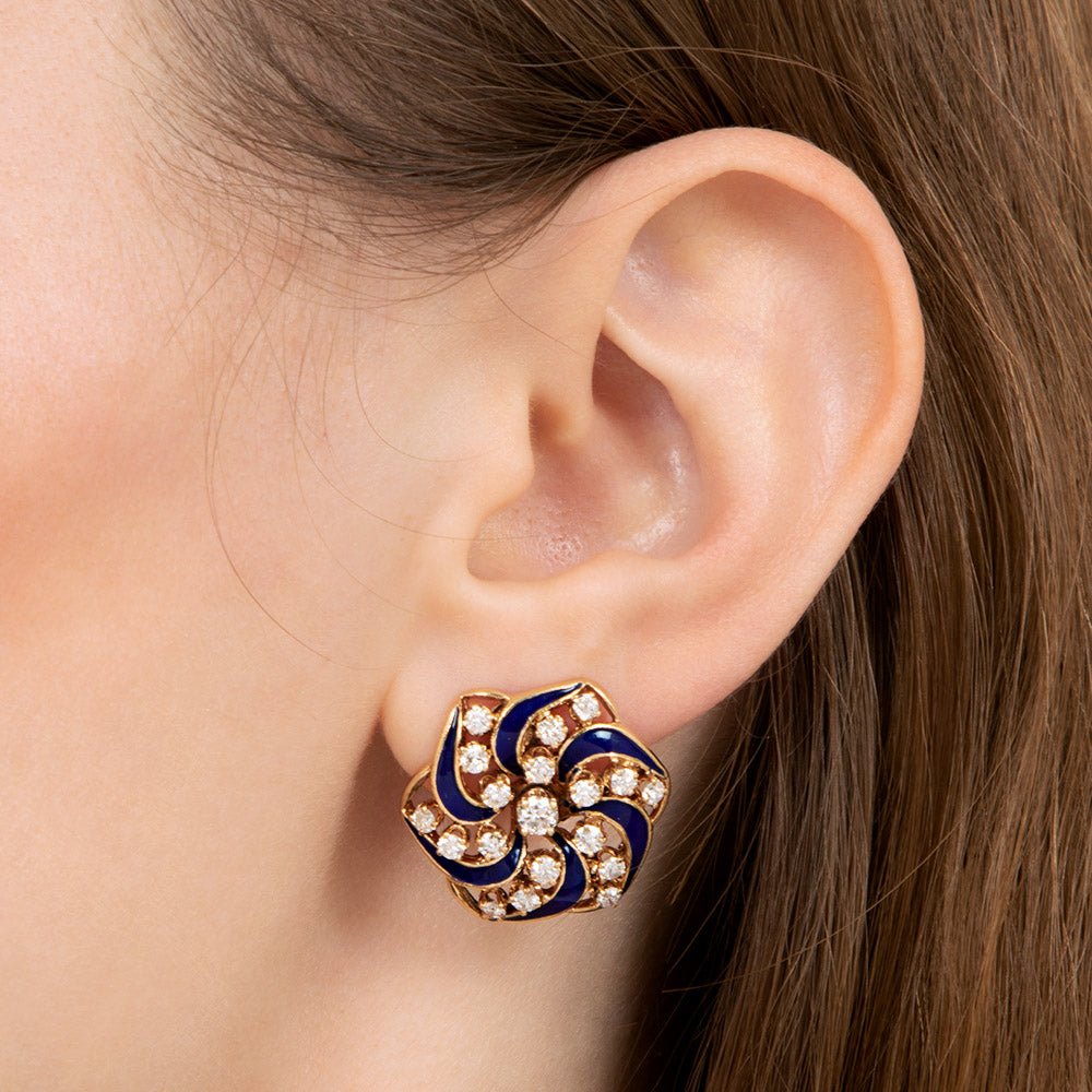 Victorian Revival Diamond and Blue Enamel Pinwheel Earrings - 3