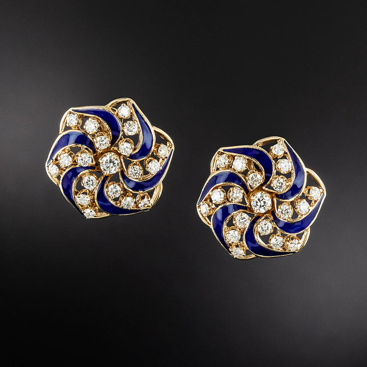 Victorian Revival Diamond and Blue Enamel Pinwheel Earrings