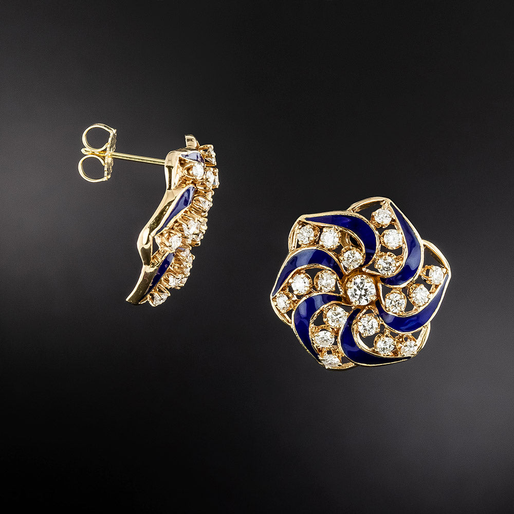Victorian Revival Diamond and Blue Enamel Pinwheel Earrings - 3