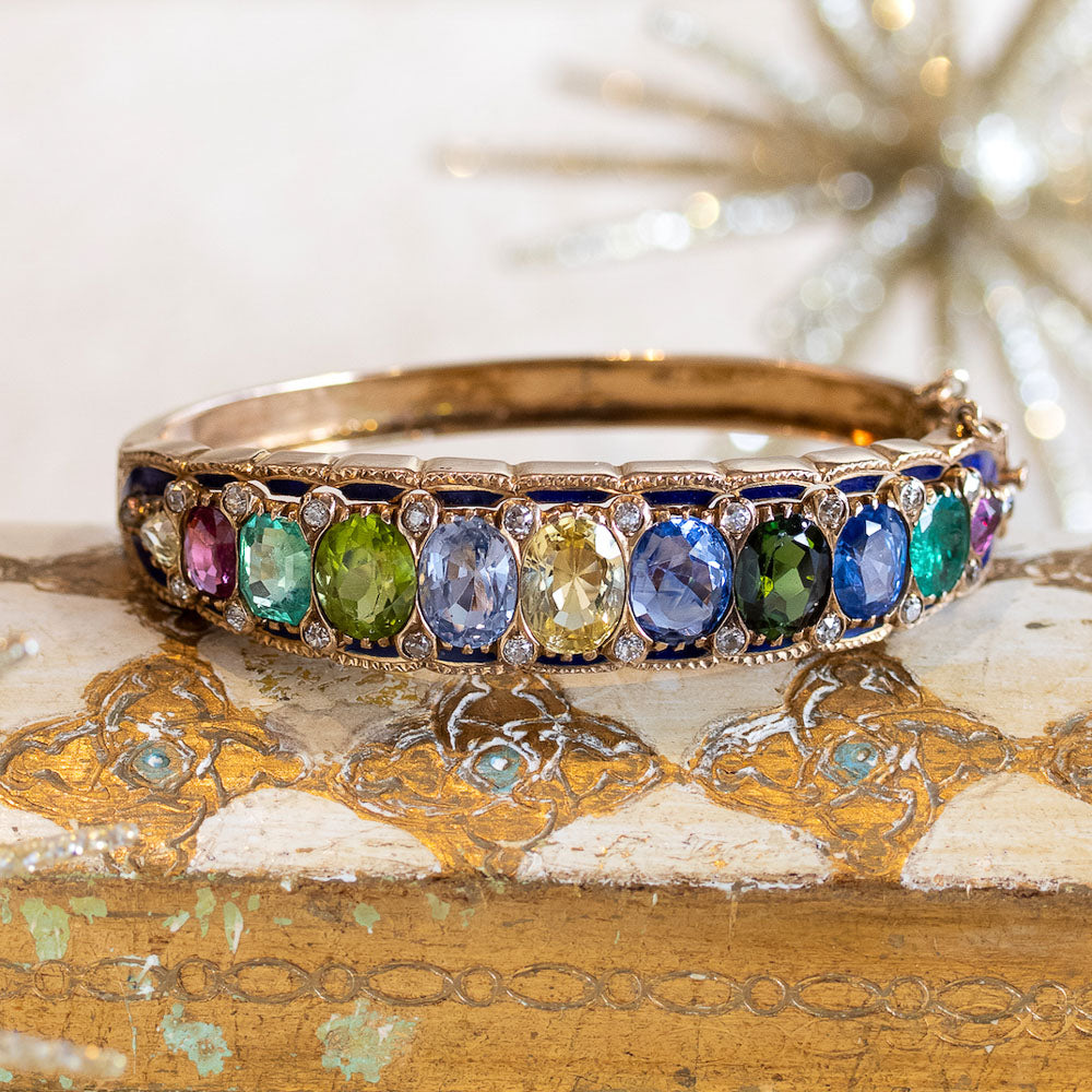 Victorian Revival Multi-Gem Bangle Bracelet - GIA - 9