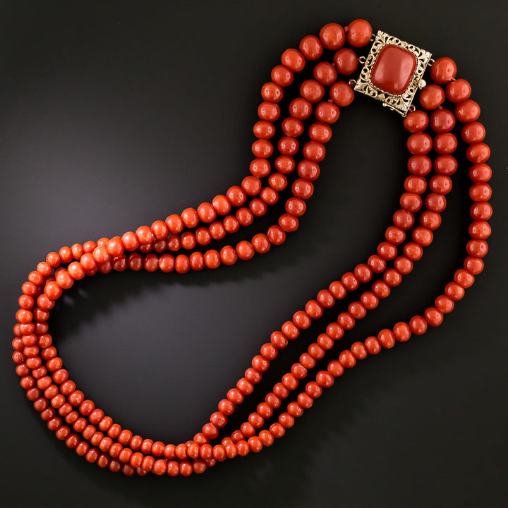 Victorian Revival Triple Strand Red Coral Bead Necklace