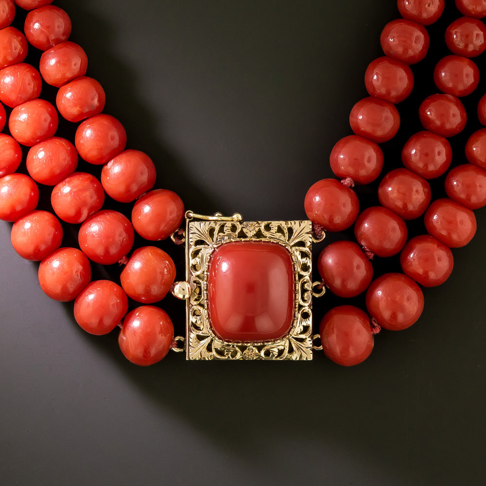 Victorian Revival Triple Strand Red Coral Bead Necklace - 3