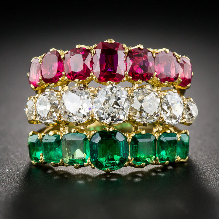 Victorian Ruby, Diamond and Emerald Triple Band Ring