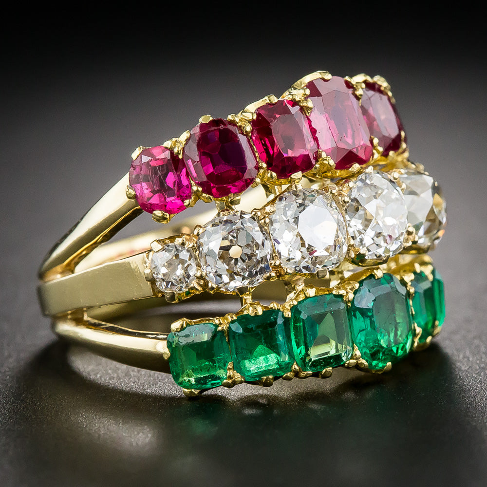 Victorian Ruby, Diamond and Emerald Triple Band Ring - 5