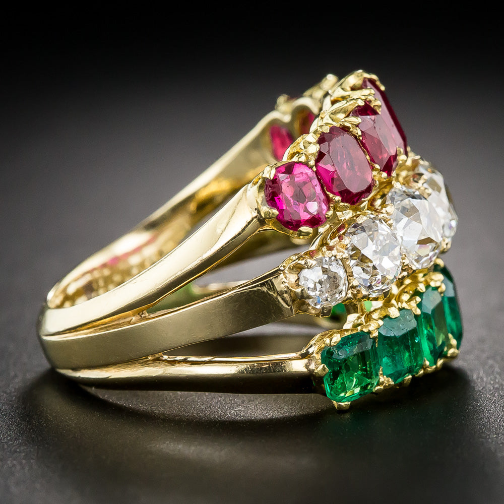 Victorian Ruby, Diamond and Emerald Triple Band Ring - 6