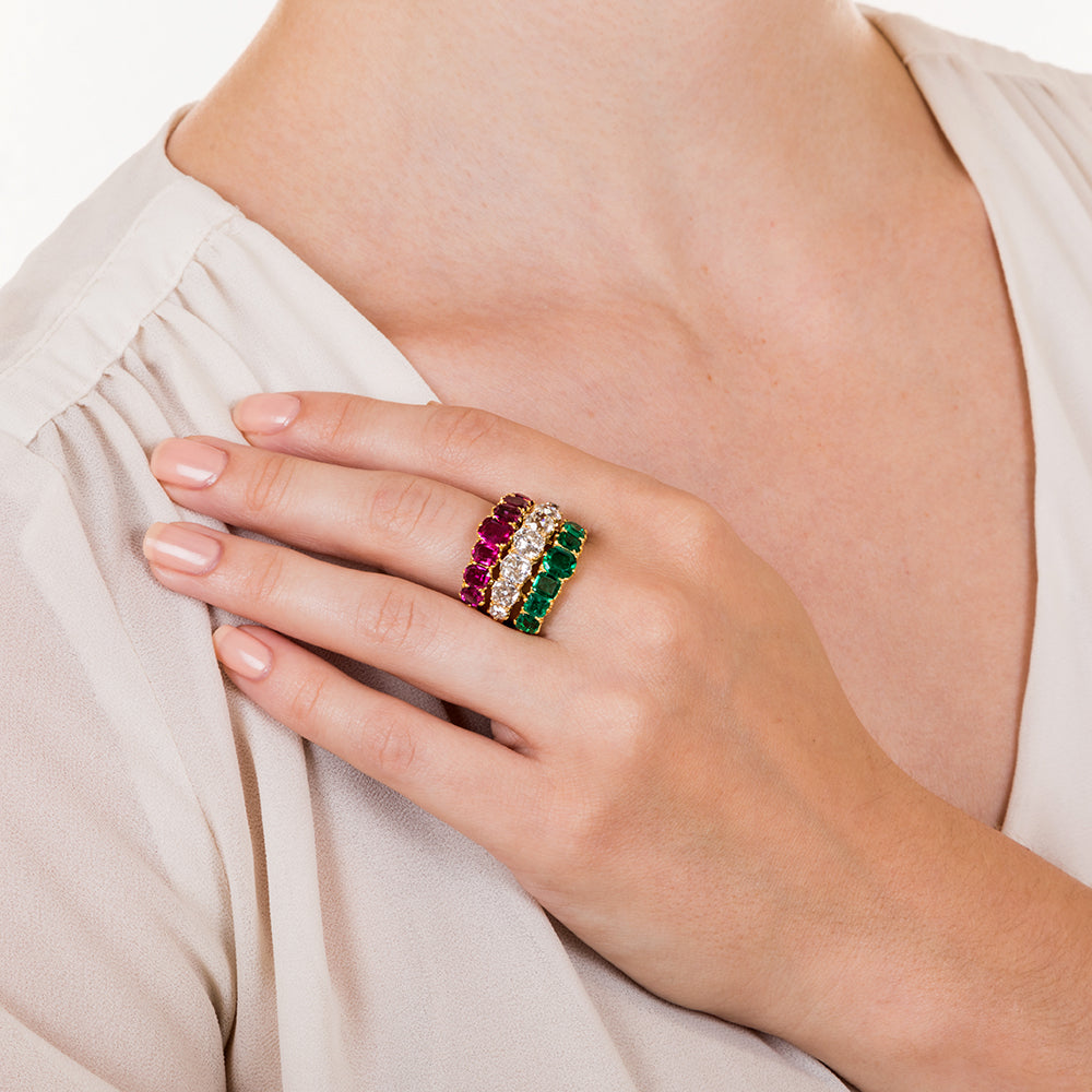 Victorian Ruby, Diamond and Emerald Triple Band Ring - 6