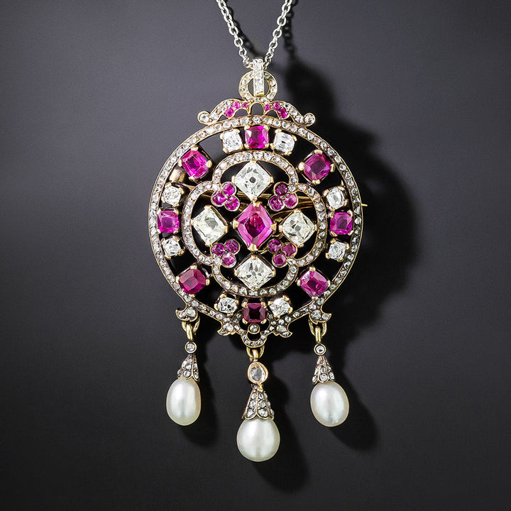 Victorian Ruby, Diamond and Natural Pearl Lavalière/Brooch - GIA
