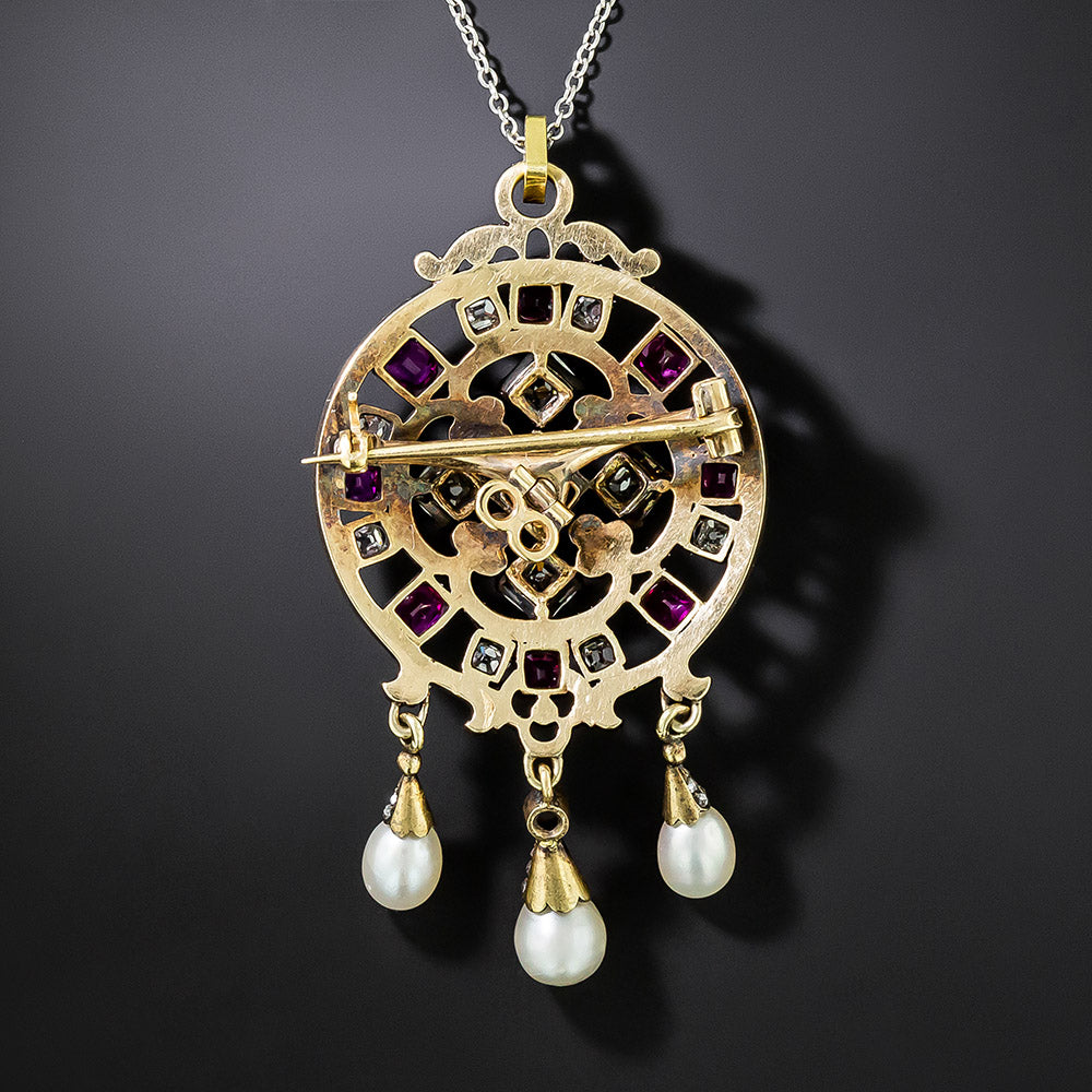 Victorian Ruby, Diamond And Natural Pearl Lavalière/Brooch  - 3