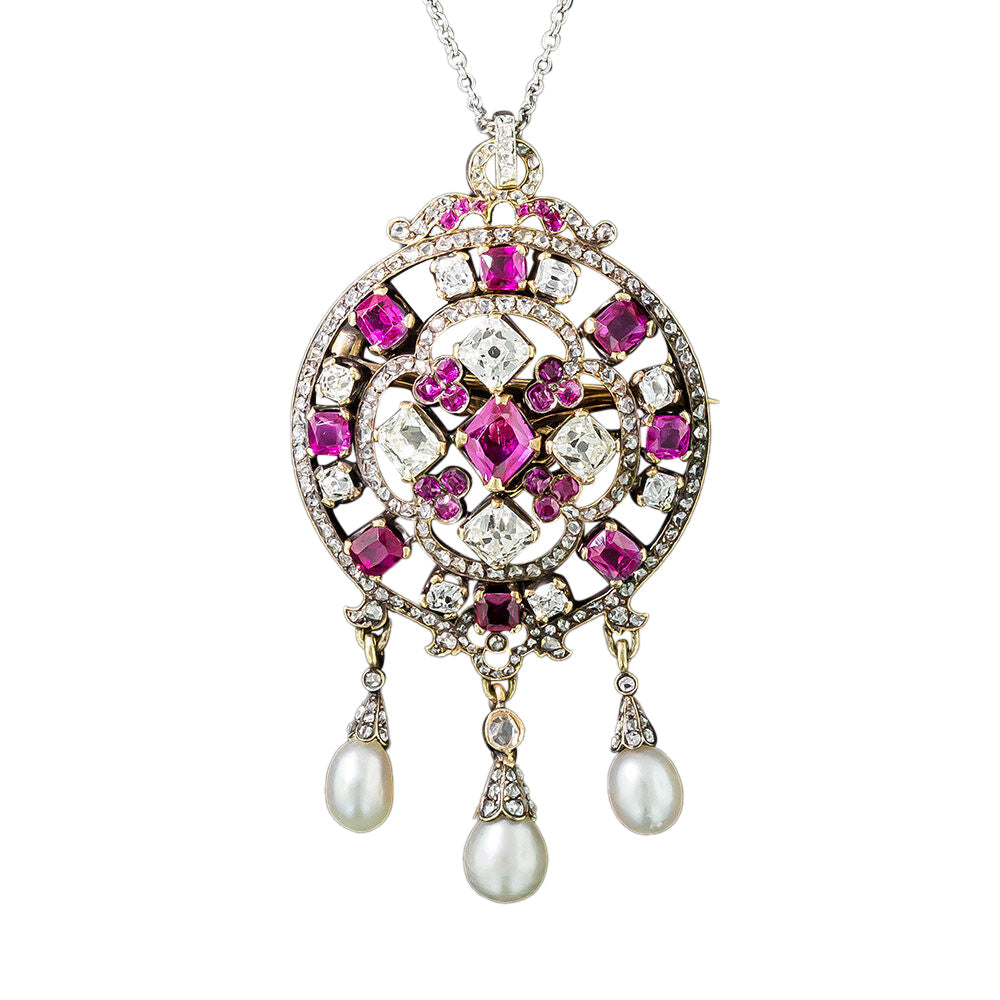 Victorian Ruby, Diamond And Natural Pearl Lavalière/Brooch  - 4