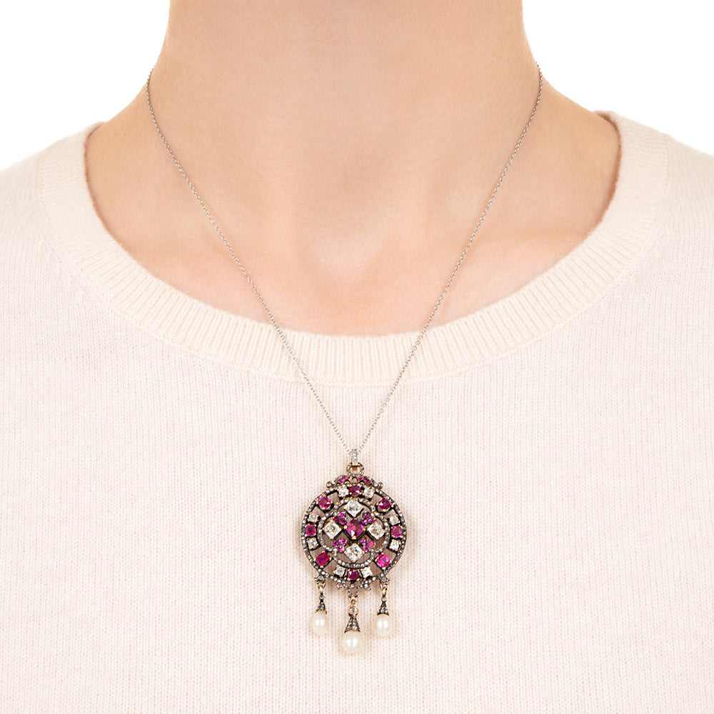 Victorian Ruby, Diamond And Natural Pearl Lavalière/Brooch  - 4