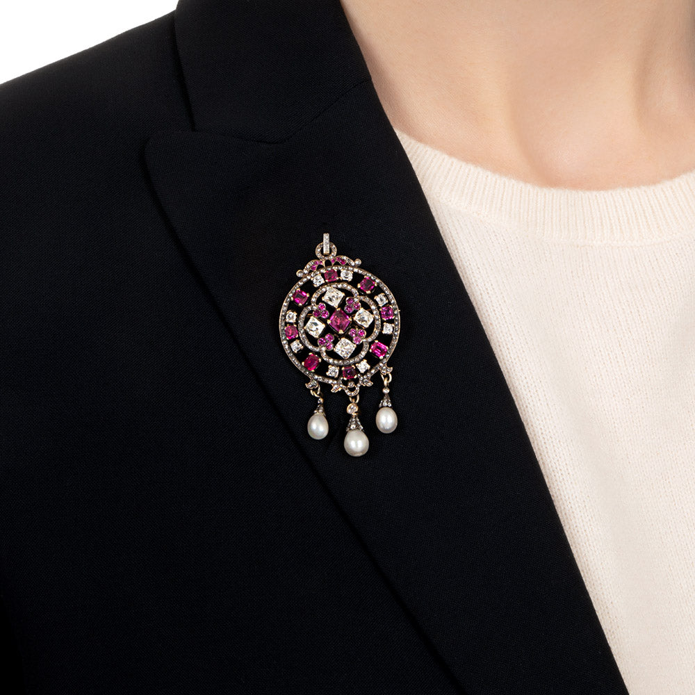 Victorian Ruby, Diamond And Natural Pearl Lavalière/Brooch  - 5