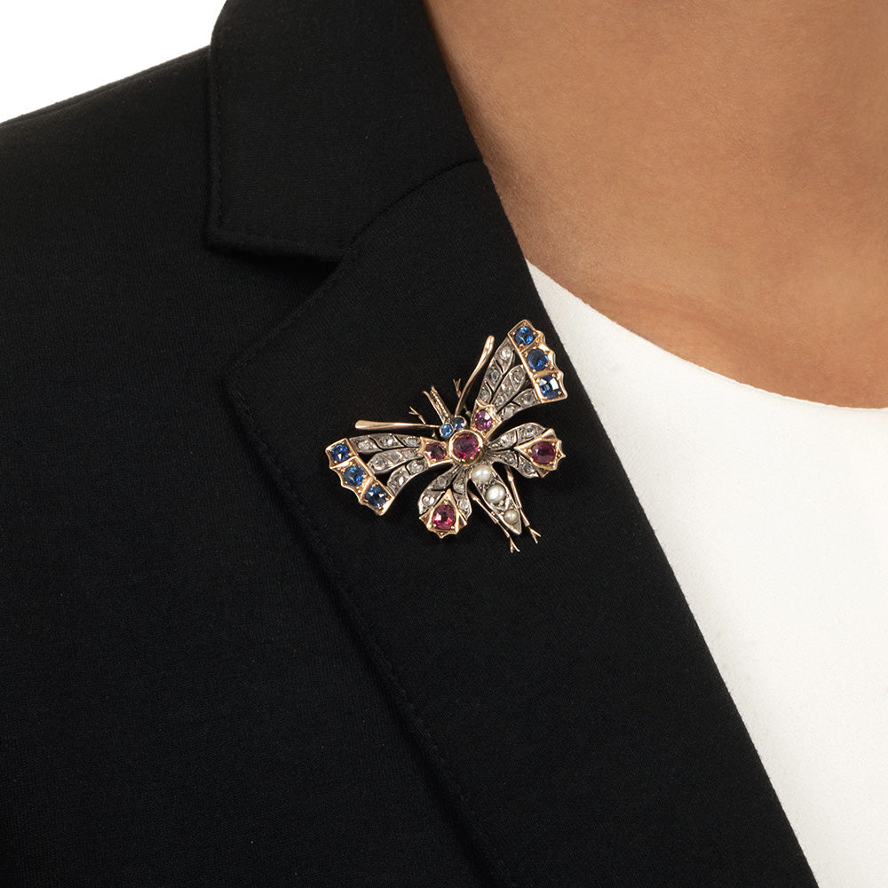 Victorian Ruby, Sapphire, Diamond and Pearl Butterfly Brooch - 4