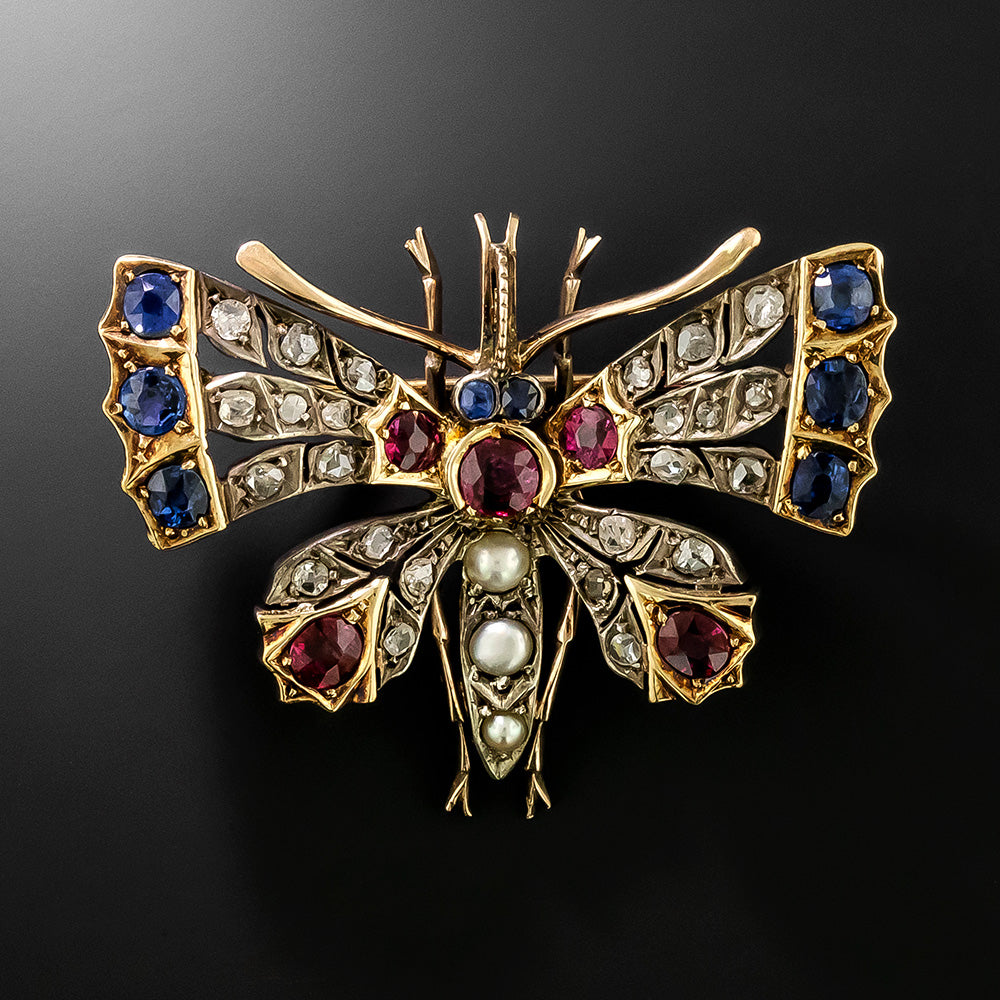 Victorian Ruby, Sapphire, Diamond and Pearl Butterfly Brooch - 2