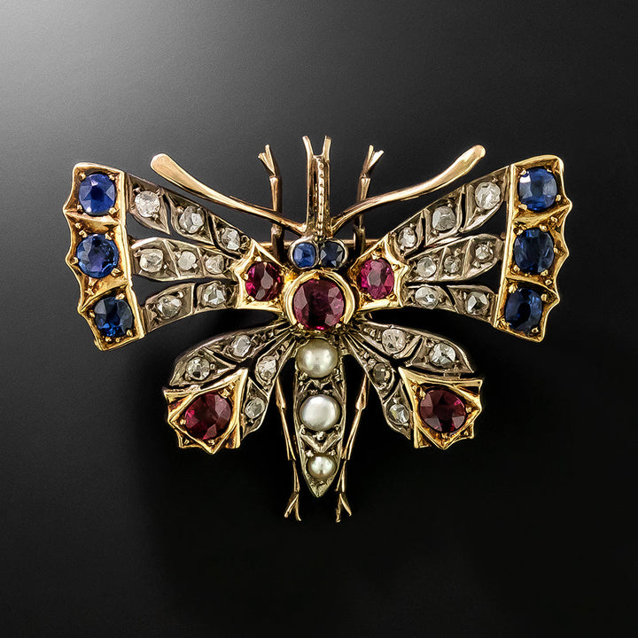 Victorian Ruby, Sapphire, Diamond and Pearl Butterfly Brooch