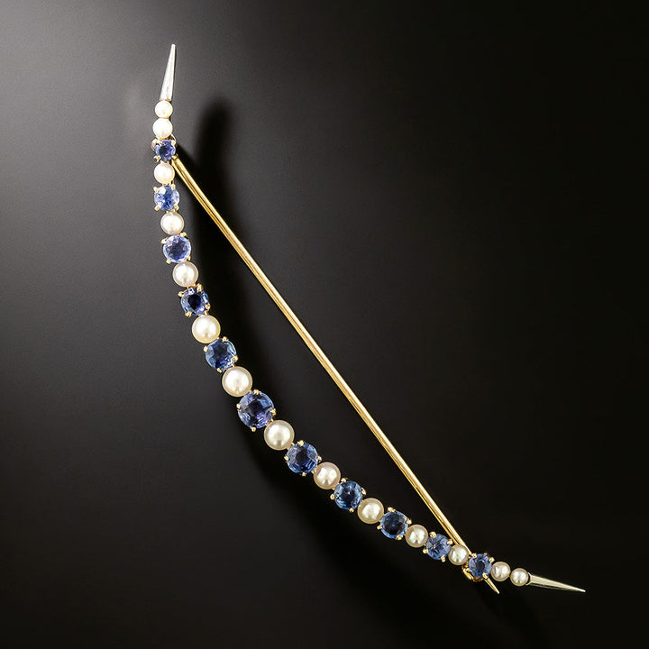 Victorian Sapphire and Pearl Crescent Brooch