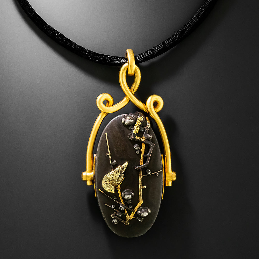 Victorian Shakudo Bird with Cherry Blossoms Pendant - 2