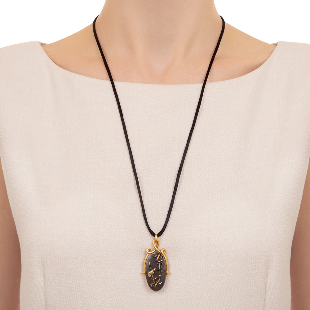 Victorian Shakudo Bird with Cherry Blossoms Pendant - 4
