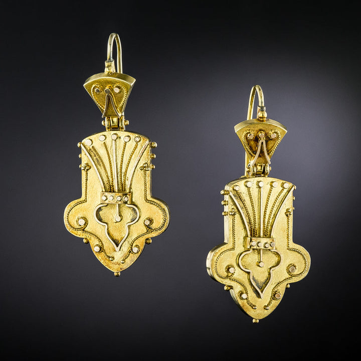 Victorian Shield-Shaped Granulated Dangle Earrings