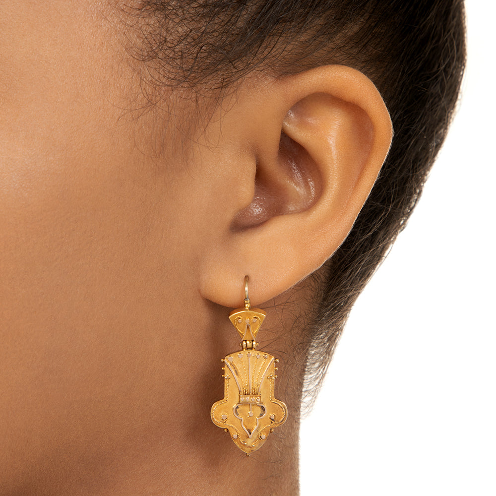 Victorian Shield-Shaped Granulated Dangle Earrings - 5