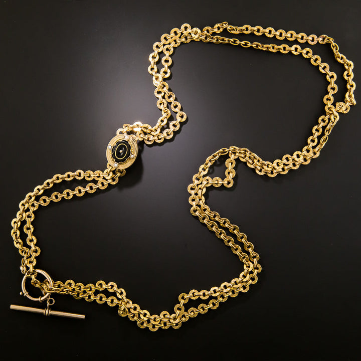 Victorian Slide 14K Chain with Black Onyx and Seed Pearls - 58 Inches