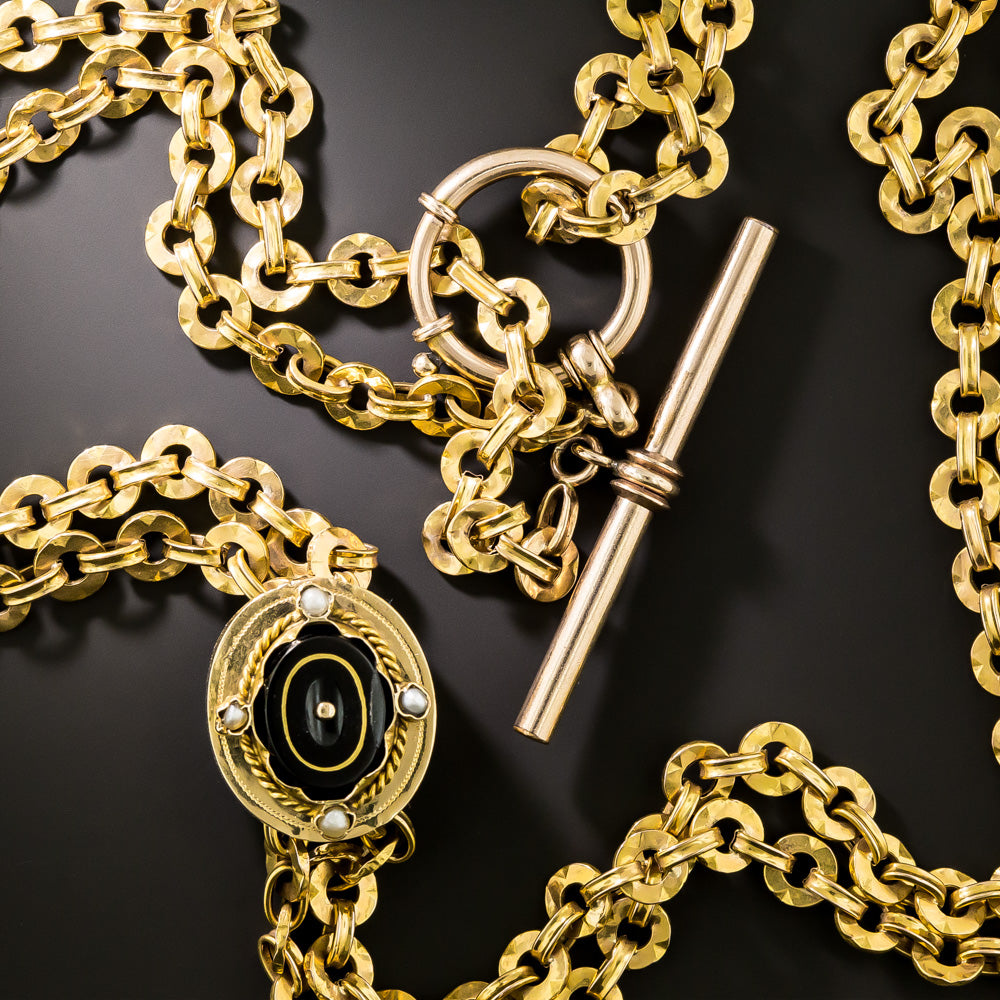 Victorian Slide 14K Chain with Black Onyx and Seed Pearls - 58 Inches - 2