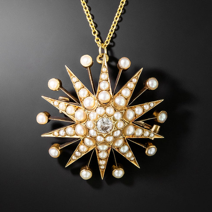 Victorian Starburst Pearl and Diamond Pendant/Brooch