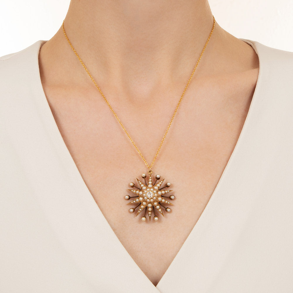 Victorian Starburst Pearl and Diamond Pendant/Brooch - 4