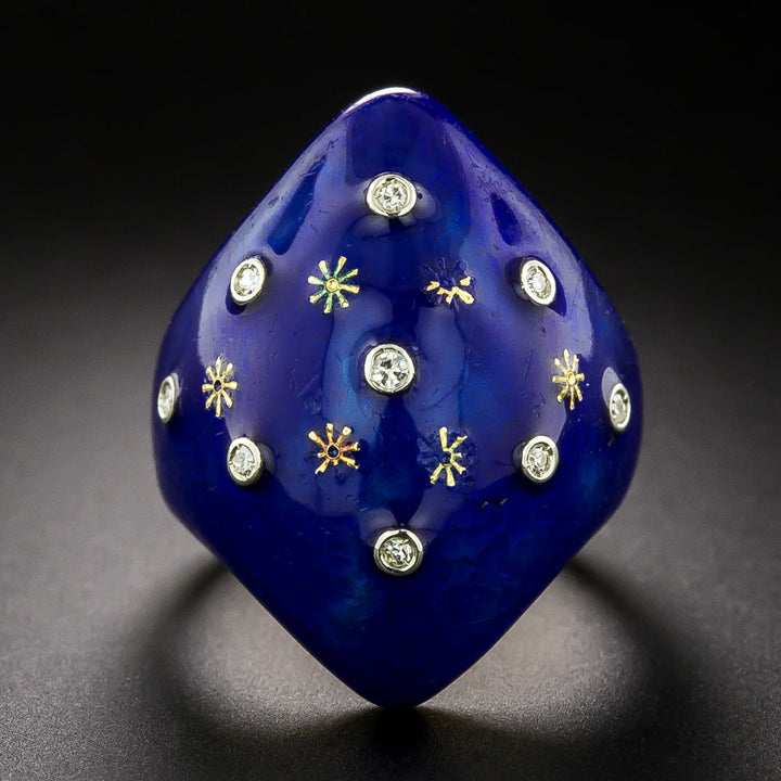 Victorian-Style Blue Enamel Diamond Starburst Ring, Size 4 1/4