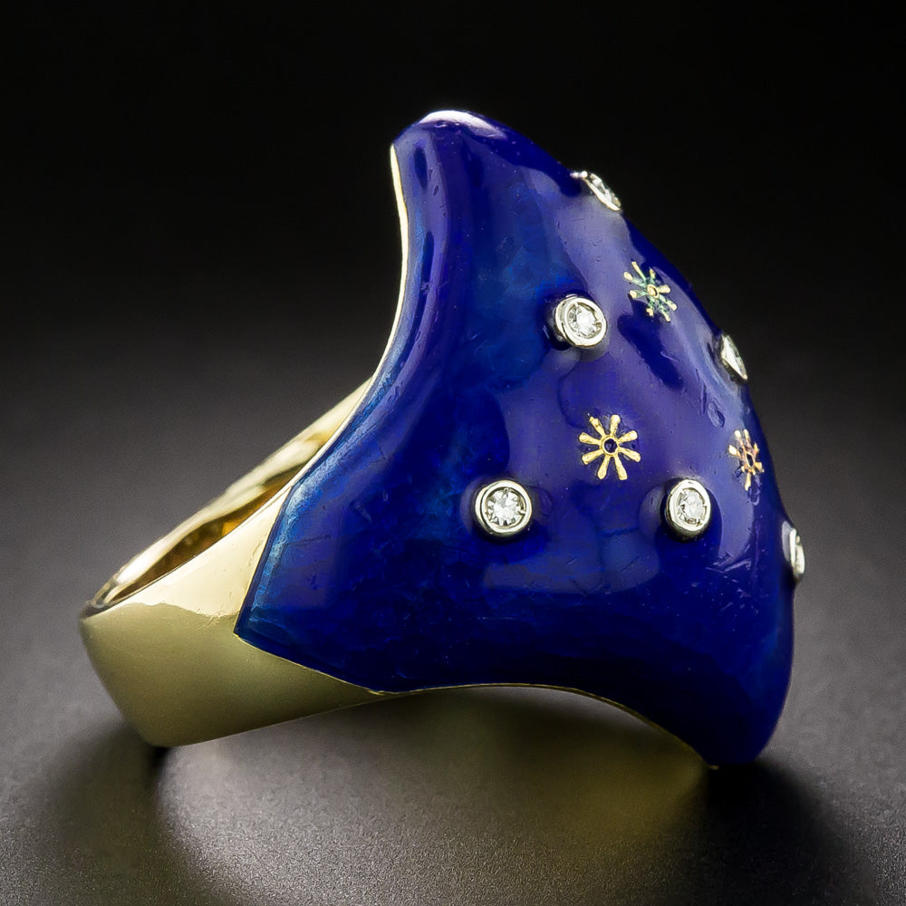 Victorian-Style Blue Enamel Diamond Starburst Ring, Size 4 1/4 - 4