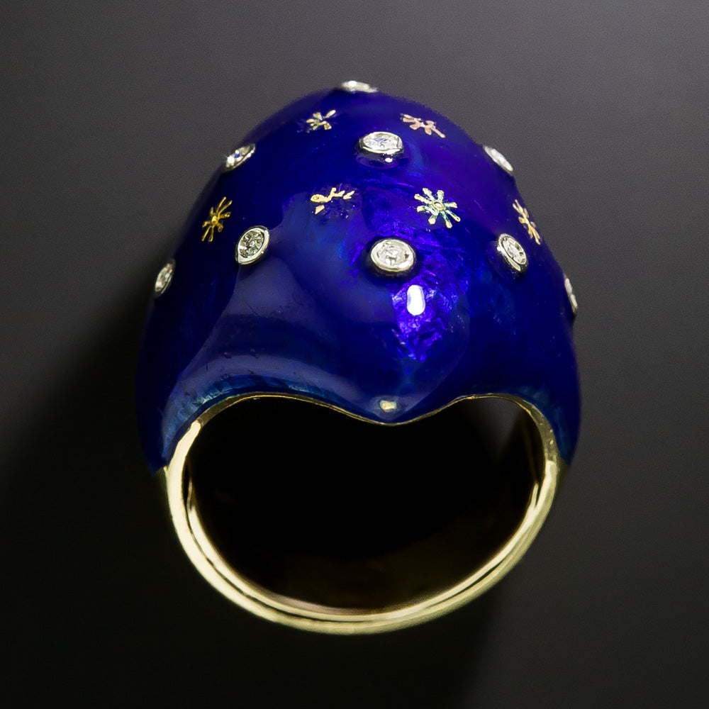 Victorian-Style Blue Enamel Diamond Starburst Ring, Size 4 1/4 - 5