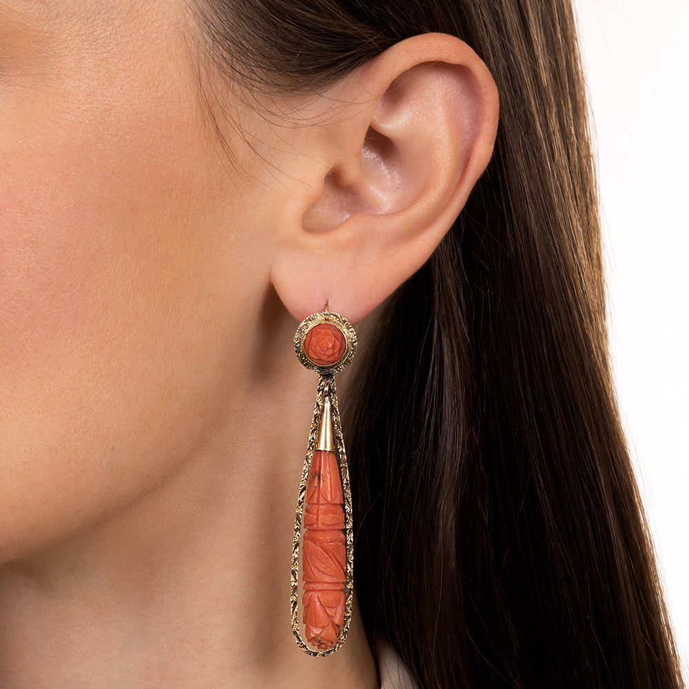 Victorian-Style Day and Night Long Coral Drop Earrings - 4
