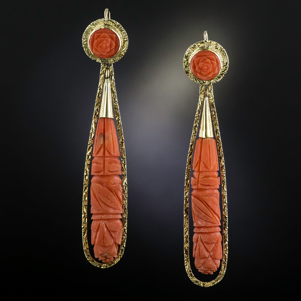 Victorian-Style Day and Night Long Coral Drop Earrings - 1