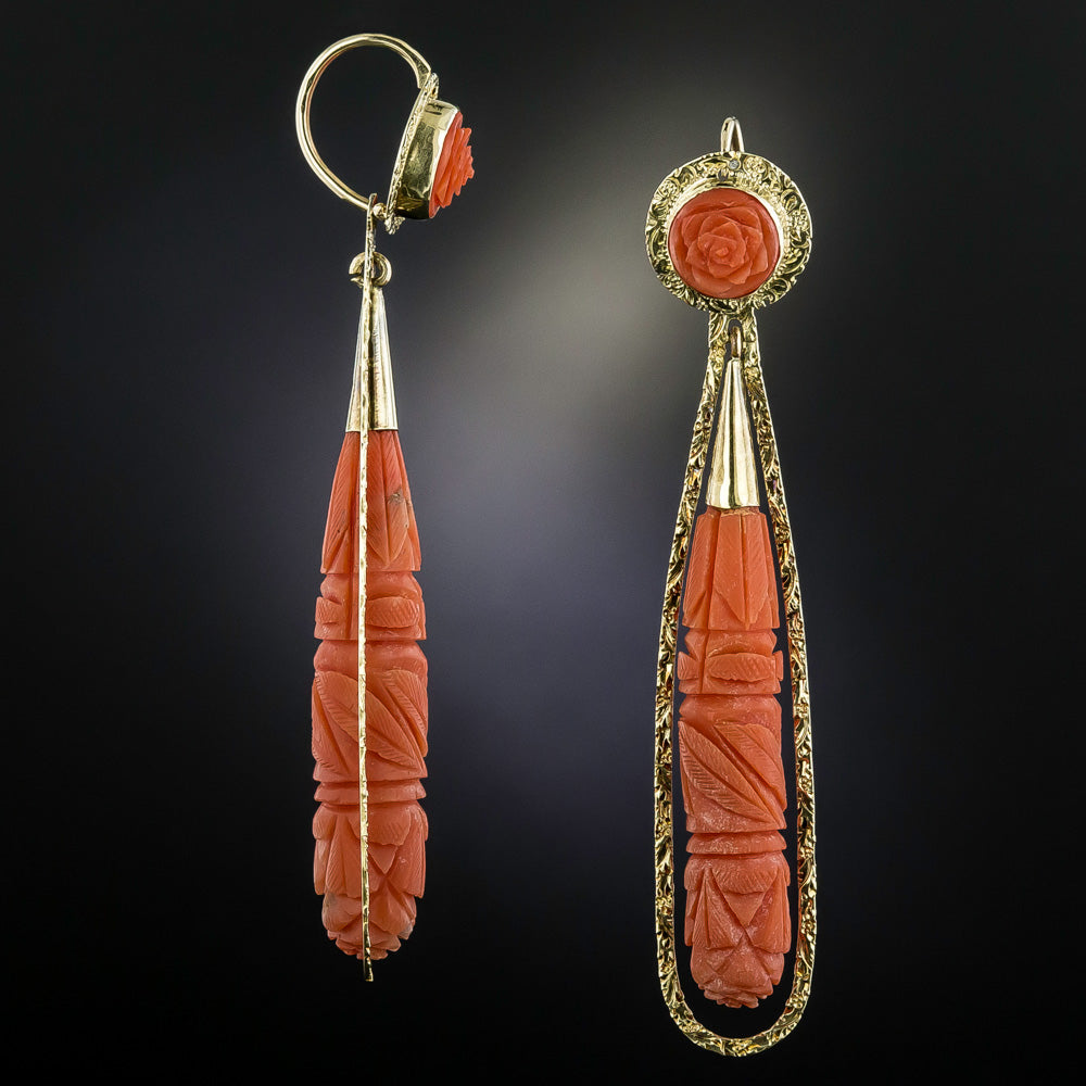 Victorian-Style Day and Night Long Coral Drop Earrings - 2