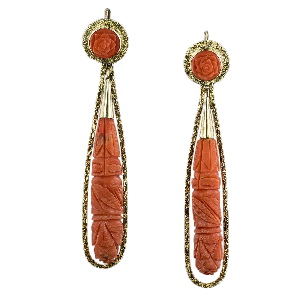 Victorian-Style Day and Night Long Coral Drop Earrings - 3