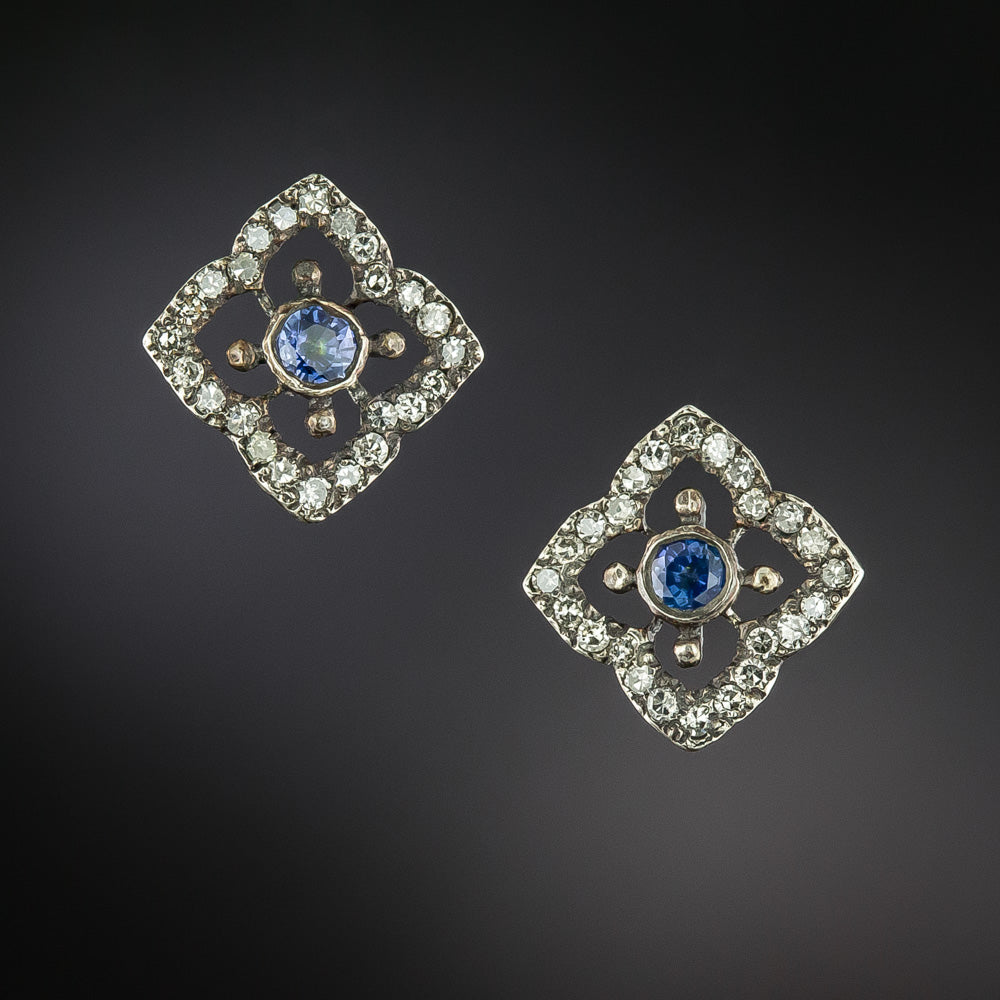 Victorian-Style Sapphire and Diamond Square Stud Earrings - 4