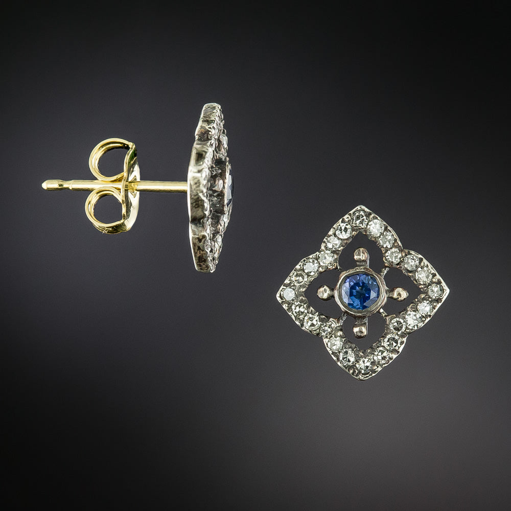 Victorian-Style Sapphire and Diamond Square Stud Earrings - 5
