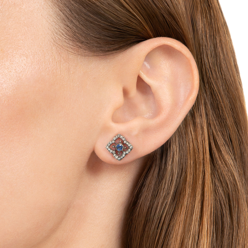 Victorian-Style Sapphire and Diamond Square Stud Earrings - 6