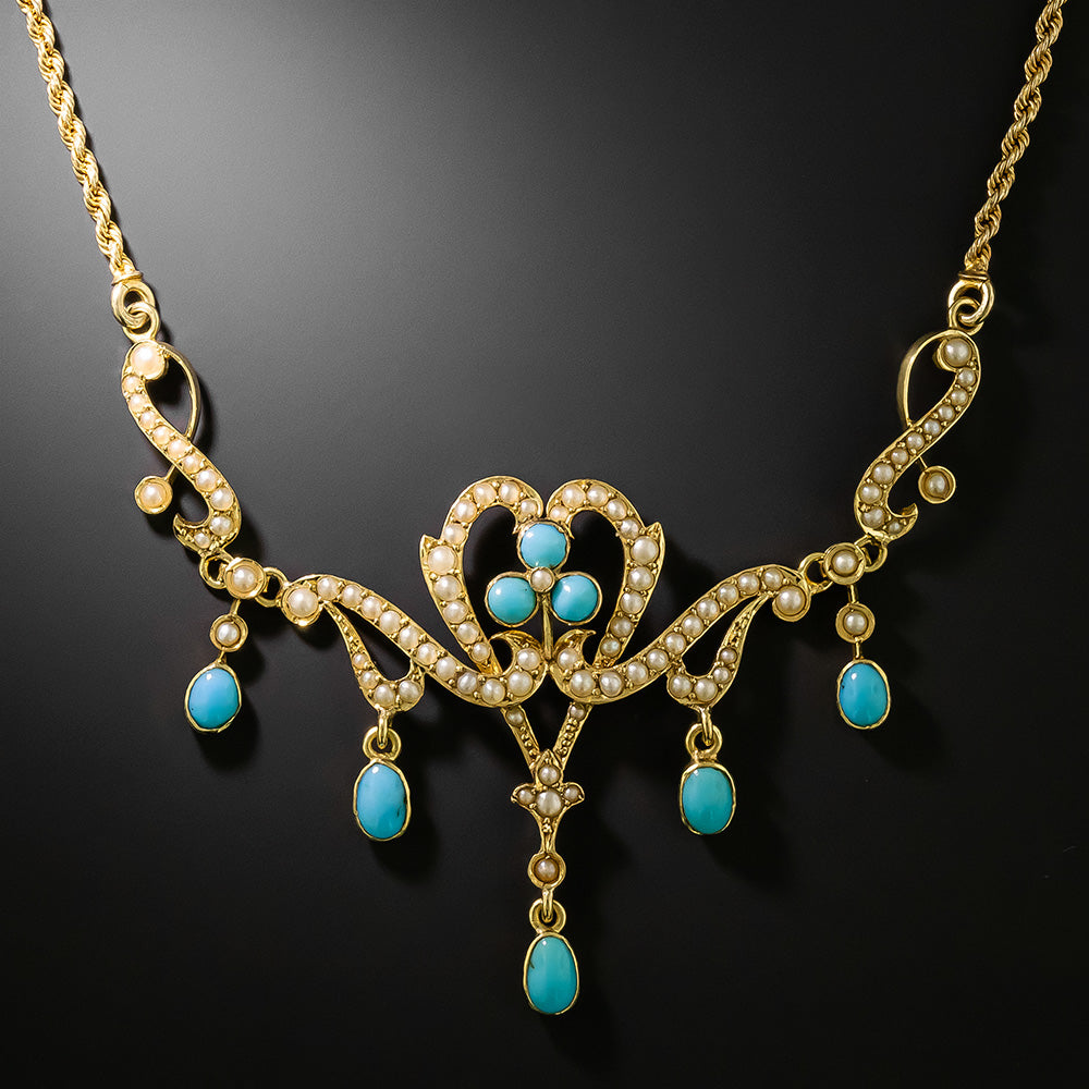 Victorian Turquoise and Natural Pearl Necklace - 3