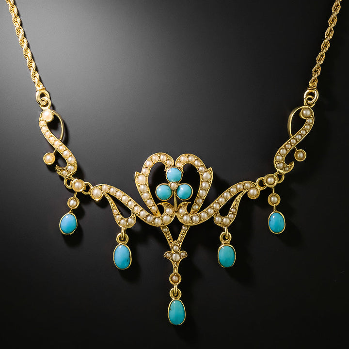 Victorian Turquoise and Natural Pearl Necklace