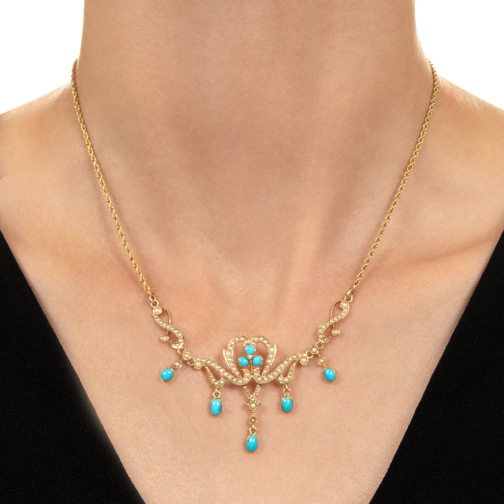 Victorian Turquoise and Natural Pearl Necklace - 4