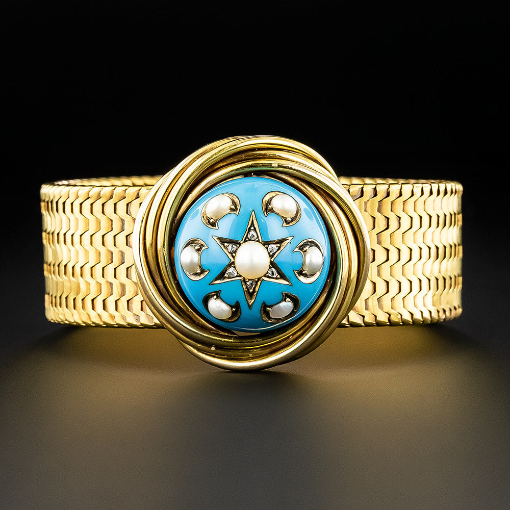 Victorian Turquoise Enamel and Natural Pearl Diamond Bracelet - 2