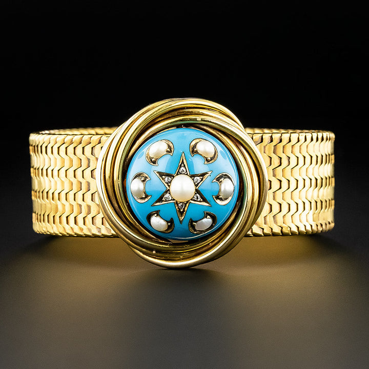 Victorian Turquoise Enamel and Natural Pearl Diamond Bracelet